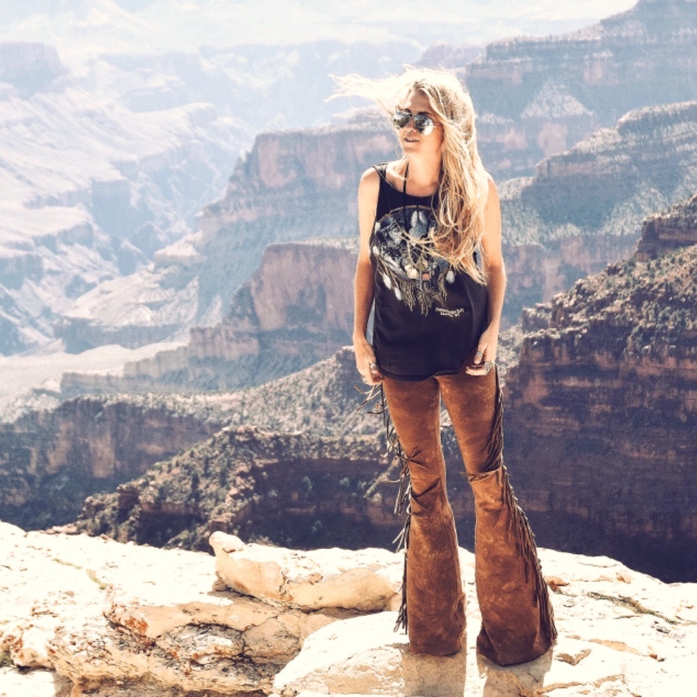 SHORT LENGTH Hip Hugger Fringe Bell Bottoms in GOLDEN BROWN TIE DYE XS S M L XL - Picture 9 of 14